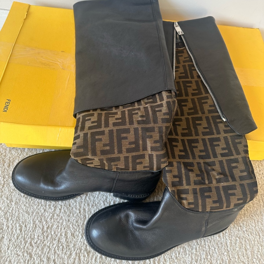 Fendi Black Leather Ankle Boots with Brown Logo